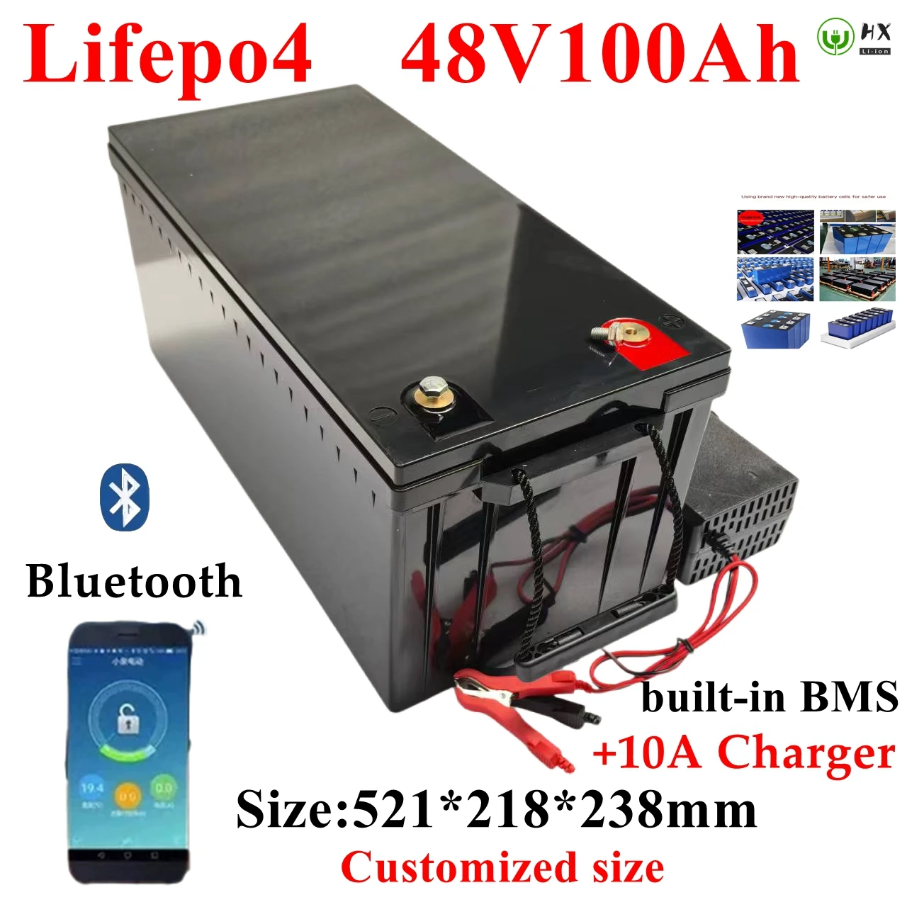 Batterie au lithium LiFePO4 avec Bluetooth, 48V, 100Ah, 3000W, tricycle Sicile, scooter de stockage d'énergie solaire, charger