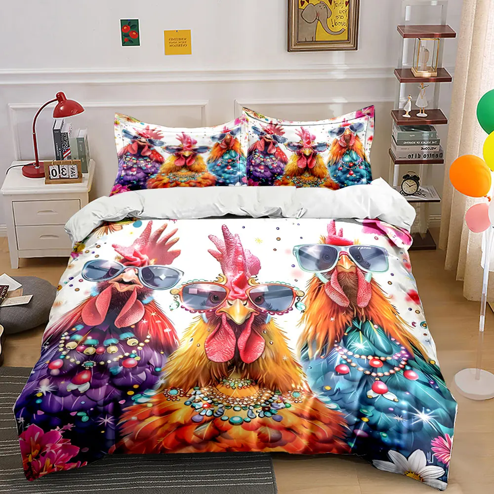 Colorful chickens with glasses and jewelry Pattern Duvet Cover Set Digital Print Colorful Polyester Bedding with Zipper Closur