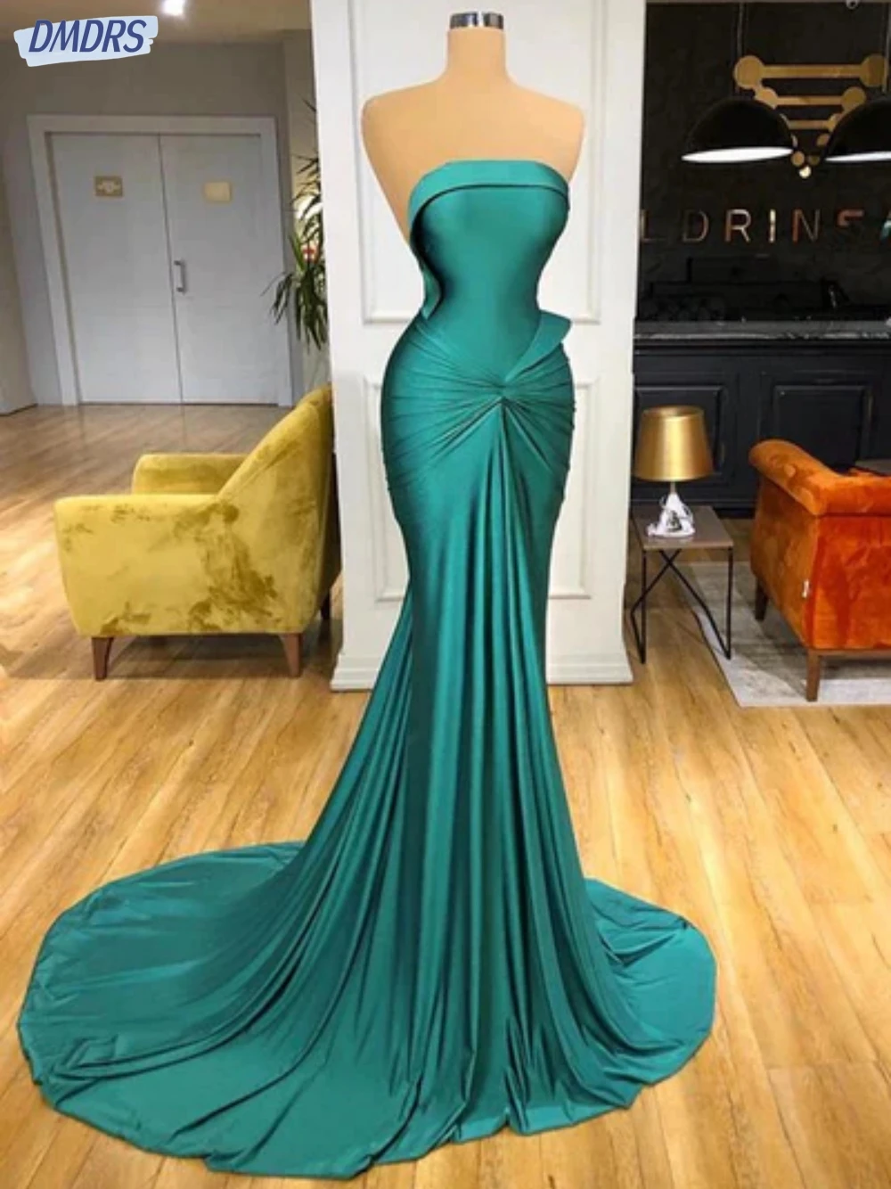 

Green Strapless Evening Dresses Elegant Simple Mermaid Dress For Bride Vintage Floor-length Bridal Gown Vestido De Novia