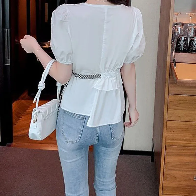 Korean Solid Color Slim Bandage V-Neck Blouses for Women 2023 Summer Puff Sleeve Fashion Ruffles Spliced Irregular Elegant Shirt