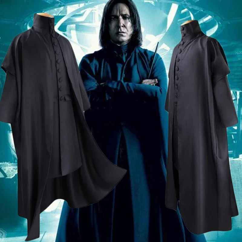 Disfraz de Cosplay del profesor Severus Snape, traje de Hogwartes, capa negra, peluca, bata, varita mágica, uniforme de fiesta de Halloween