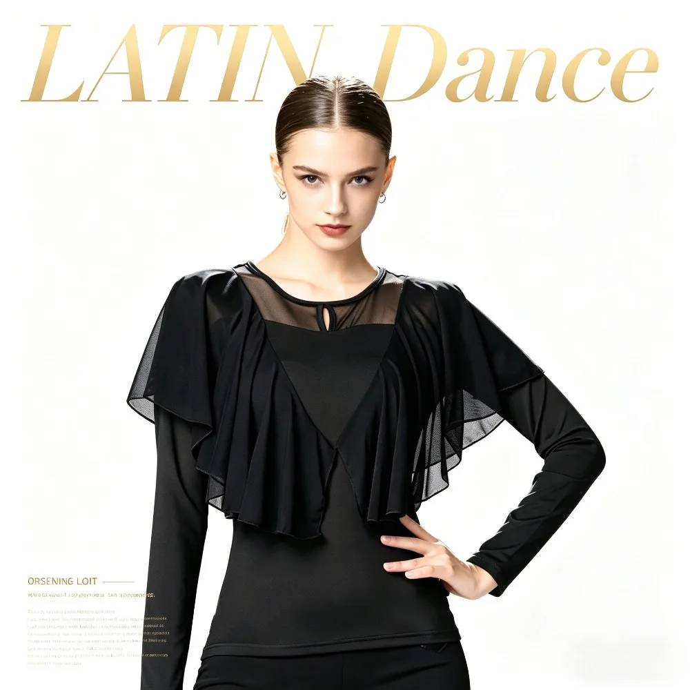 

Latin Dance Dresses Competition, Medium Sleeve Mesh Dancewear Top, Women Modern Ballroom Dance Practice Elegant Prom Dress