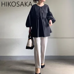 Japan Style Simple Lantern Sleeve Shirts Back And Forth Two Ways Wear O-necl Pullover Blouses 2024 New Chic Elegant Blusas