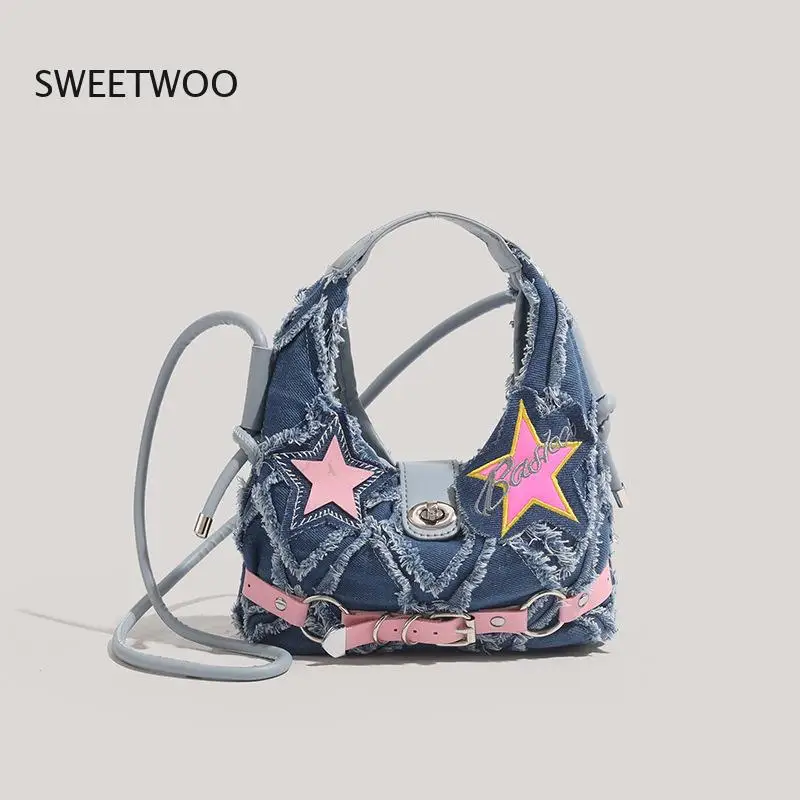 Women Y2K Denim Hobo Bag Vintage Distressed Star Patch Shoulder Bag Aesthetic Pink Star Underarm Bag Crossbody Handbag For Girls