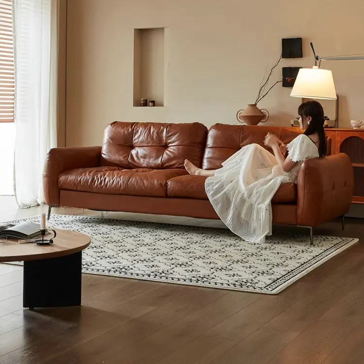 Italian minimalist leather sofa straight row three people Brooklyn French retro style medieval cowhide sofa oil wax leather