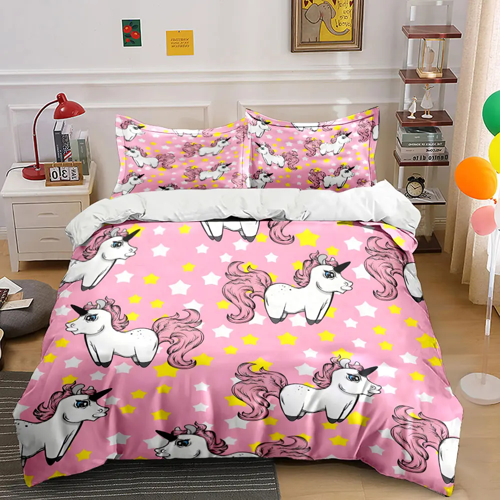 Fantasy Pink Unicorns with Starry Background Print Bedding set 3PC 1 duvet cover 2 pillowcases adult and children bedding set