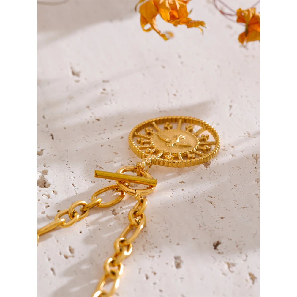 Yhpup Fashion 18K Gold Color Plated Stainless Steel Vintage Round Pendant Necklace Waterproof Personalized Modern Jewellery 2025