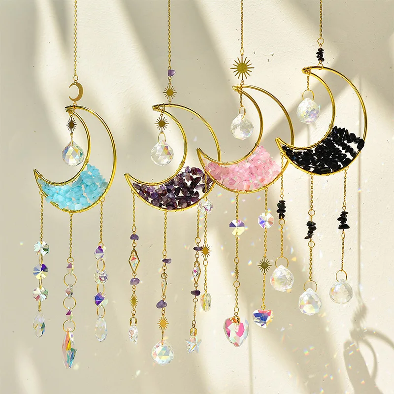 Moon Suncatcher Crystal Wind Chime Gold Moon Metal Hanging Pendant Diamond Rainbow Sun Catcher Window Car Hanging Garden Decor