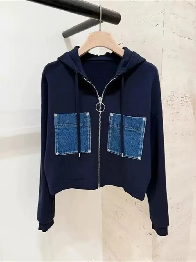 

S-Home Ранняя осень 2025 Ретро джинсовая лоскутная толстовка на молнии Jaet Женский ор Топ Модное хлопковое длинное пальто с капюшоном Све