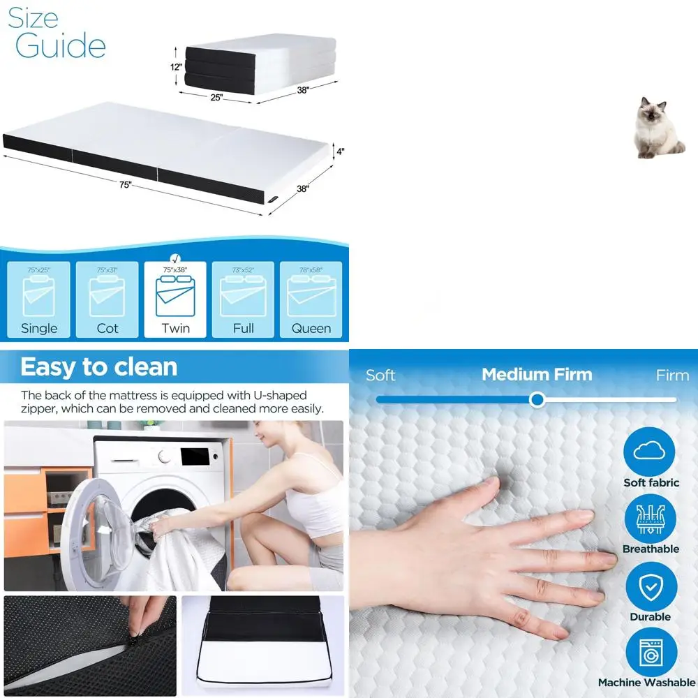 Portable 4 Memory Foam Trifold Mattress Topper, Washable Cover, Non-Slip, 75x38 for Camping & Guests