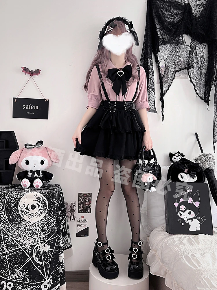 New Summer Japanese Girl Women's Cute Lace Bow Short Sleeve Shirt Blouses Suspender Skirt Mine Series Mass Production Skirt Suit image 4