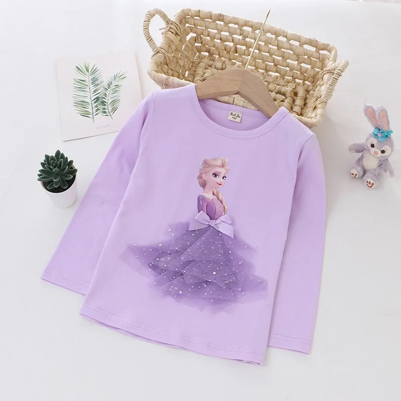 

Disney Tee Shirt 2024 Quality Cotton Girl Tops for Children T-shirt Girls Long Sleeve Kids Tops Frozen Elsa Anna Clothes 2-8Y