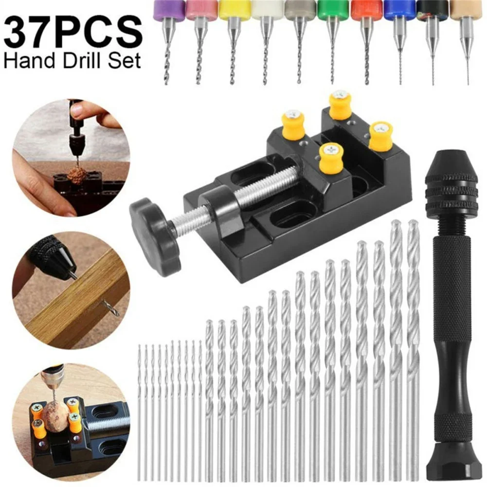 

37pieces Hand Drill Set Pin Vise Hand Drill Mini Twist Drill Bits Bench Vice For DIY Crafts Carving Jewels Making (0.3-1.2 Mm)