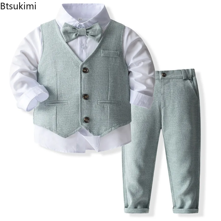 Spring and Autumn Baby Boys Formal Suits Vest Shirt Pants Bow Tie 4pcs/Set Kids Clothing Set Little Children Clothes 80-140 Size