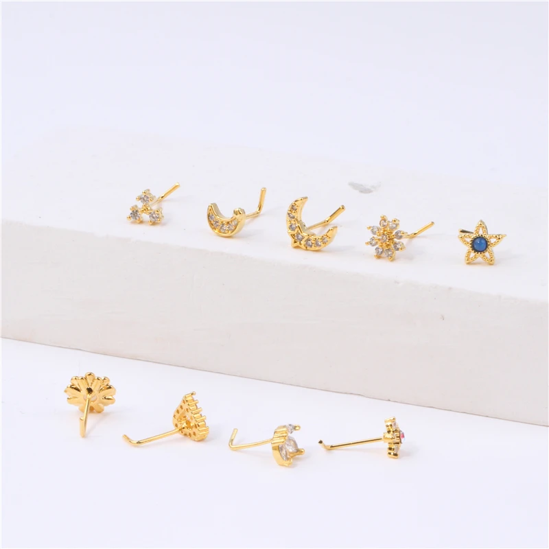 L Shape Pin Nose Studs Ring for Women Girl 18K Gold Plated Eyes Flower Star Shape Nose Pin CZ 20G