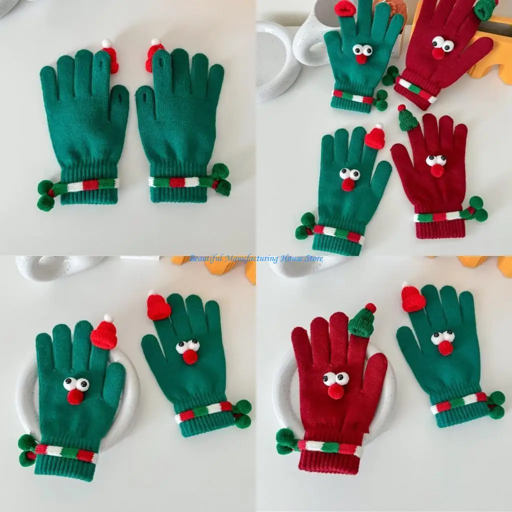 

E56A Holiday Theme Santa Hat Gloves with Finger Leak Screen Touch Festival Handwear Lovely Christmas Knitwear for Daily Use