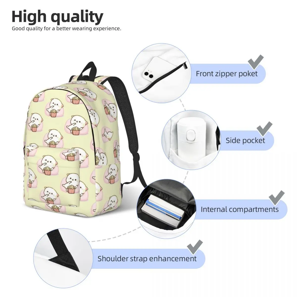 Mochi Milk Peach e Goma Cat Mochila para homens e mulheres, mochila de negócios, bolsa de ombro, estudante adolescente, pipoca esportiva