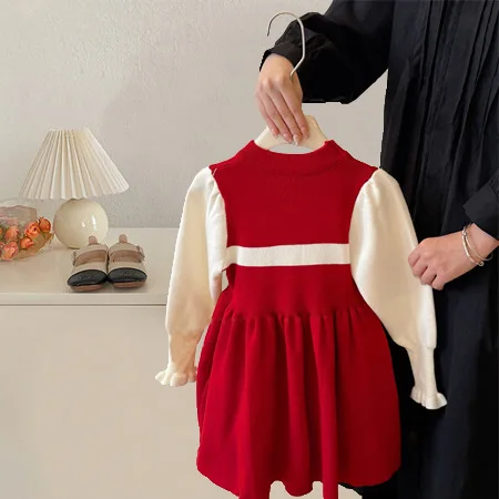 1-8Y ragazze inverno vestito lavorato a maglia fiocco colore contrasto colletto tondo ragazza del capretto abito stile principessa morbido vestito da bambina che tocca il fondo