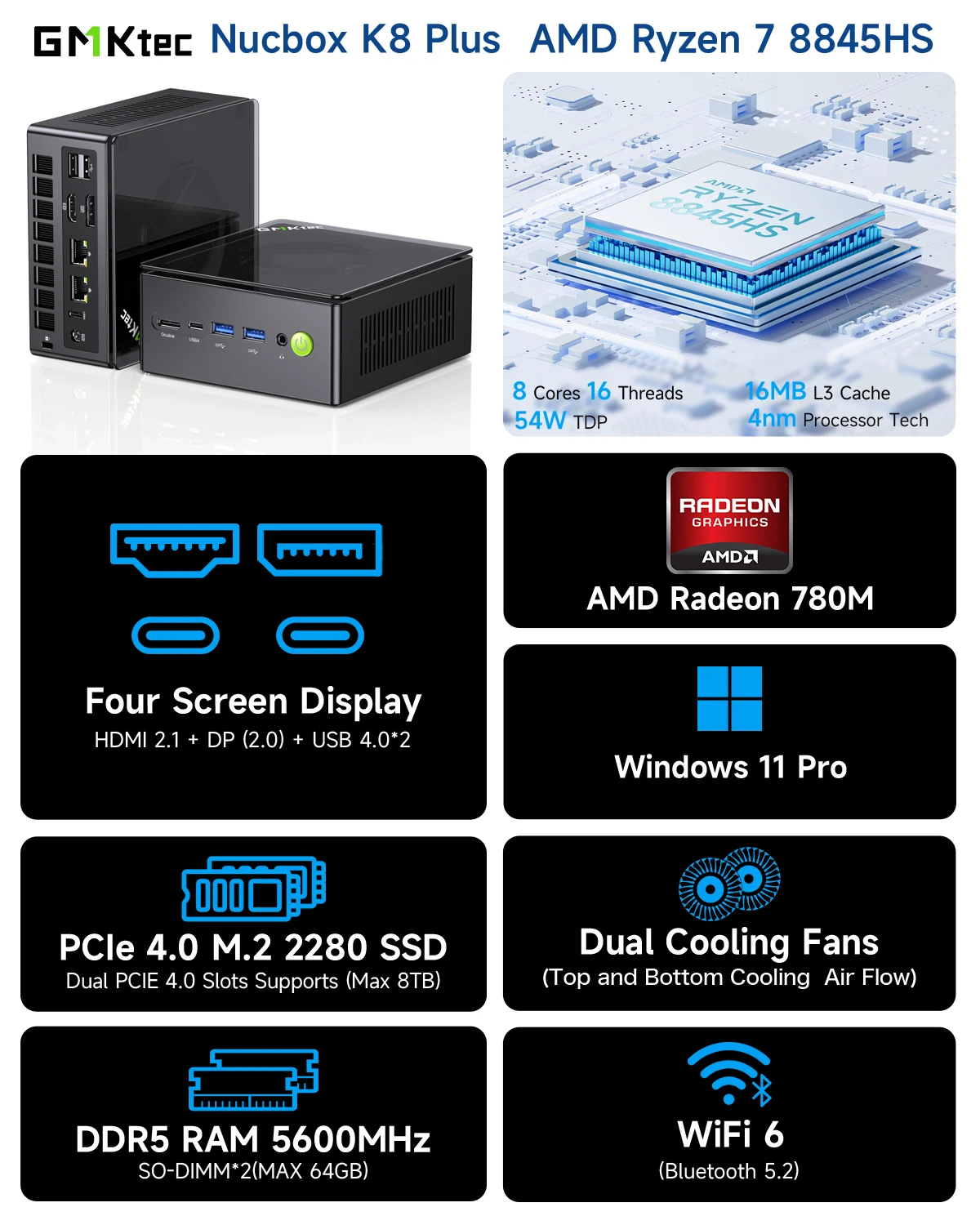 GMKtec K8 Plus Mini PC AMD R7 8845HS 8-core 16-thread DDR5 5600Mhz Pcie 4.0 SSD WIFI6 BT5.2 Win11 Pro Desktop Gaming PC