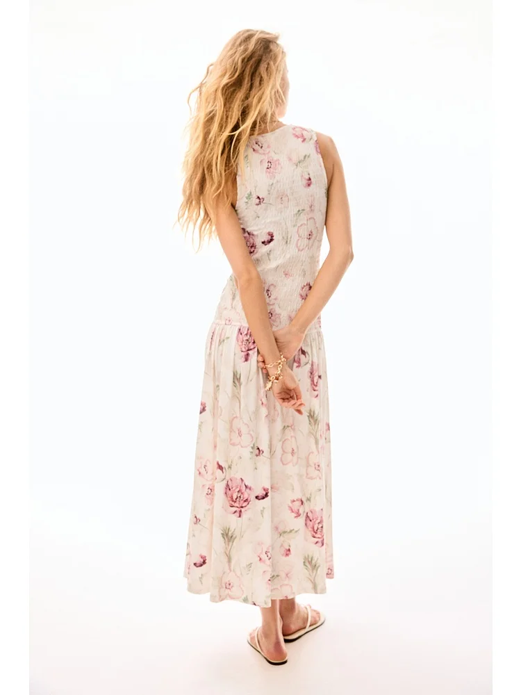 H&M Spring 2025 Women's Dr Floral Print Maxi Gown Svel Plant-Inspired Midi Skirt round Neline Ins Sle Casual Dr