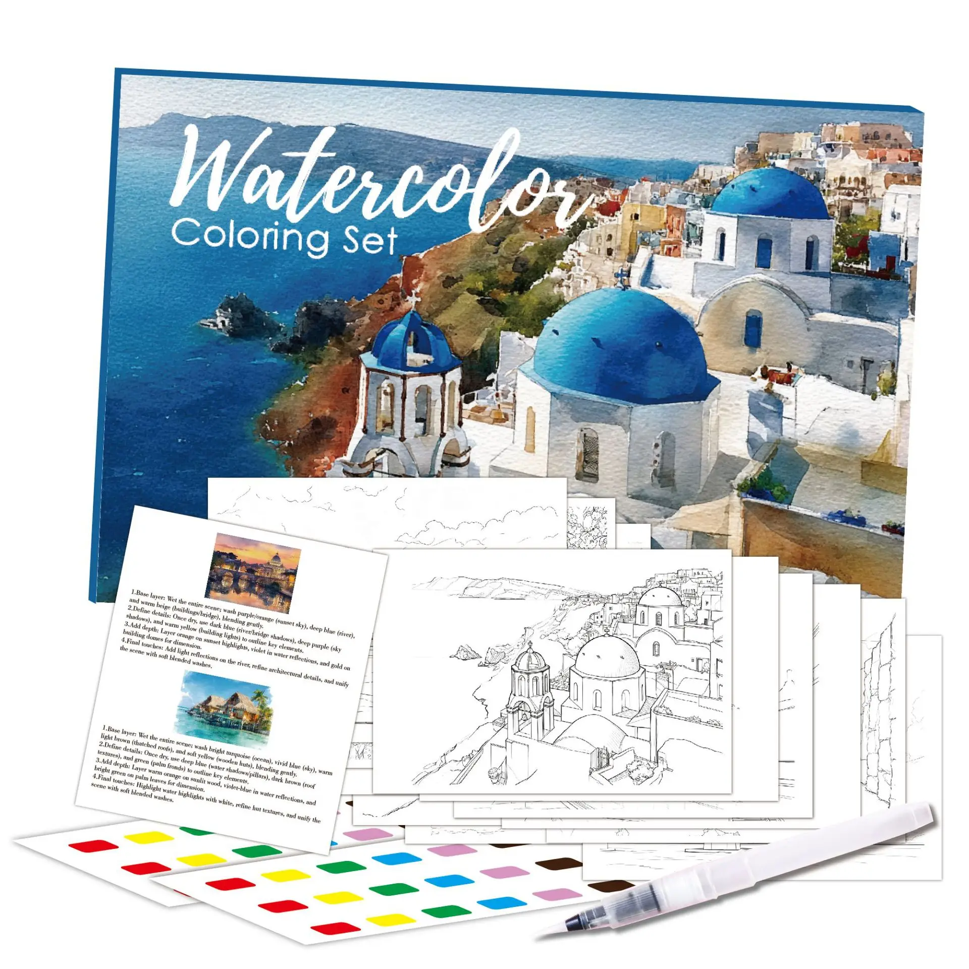 12 Sheets Watercolor Painting Set Including Paper Dipping Pen&Coloring Pigment DIY Travel Paint Kit Holiday Birthday Party Gift