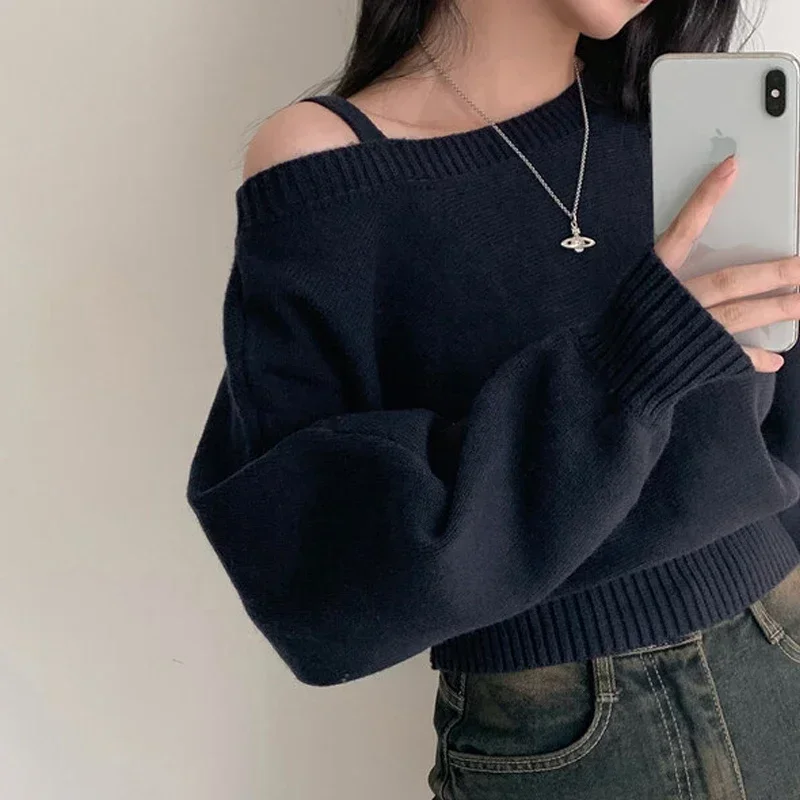 Korean Series Off-the-Shoulder Knit Sweater for Women Loose All-Match, Long Sleeve Sneaky Design Sloping Shoulder Short Base Top