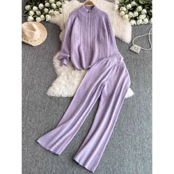 Fashion Pants Suit Women's Stand Collar Zipper Knitted Sweater Jacket Two-piece Set High Waist Slim Straight Leg Wide Leg Pants