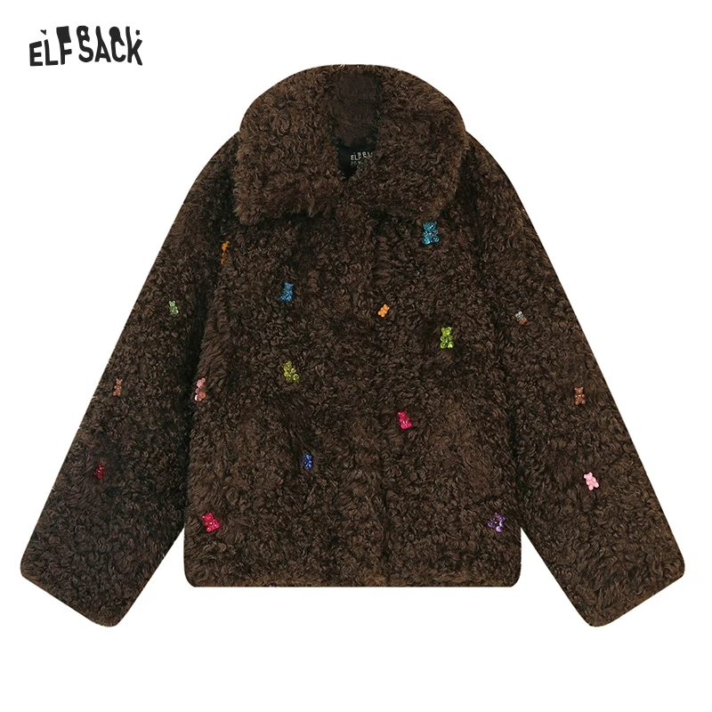 ELFSACK 2024 Winter New Arrivals Sweet and cool colorful bears imitation plush loose thick coat for women