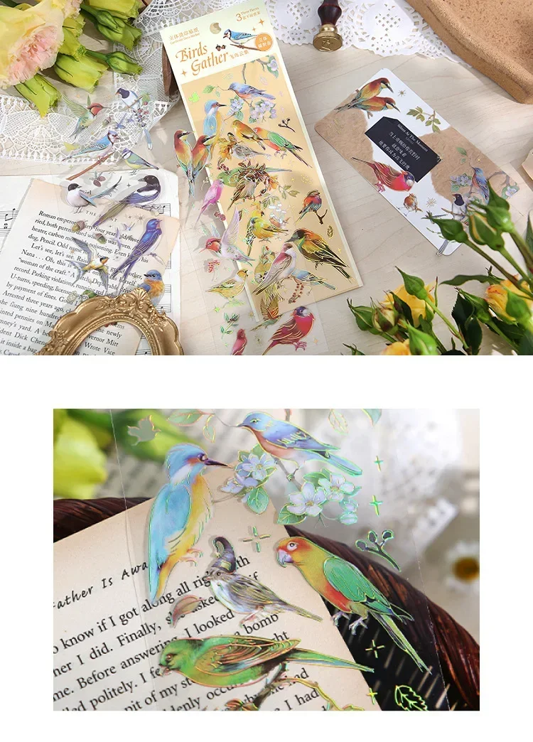 3pcs Kawaii Sticker Pack Feather Dragonfly Bird Jellyfish Decorative Scrapbooking Material Labels for Diary Phone Journal Planne
