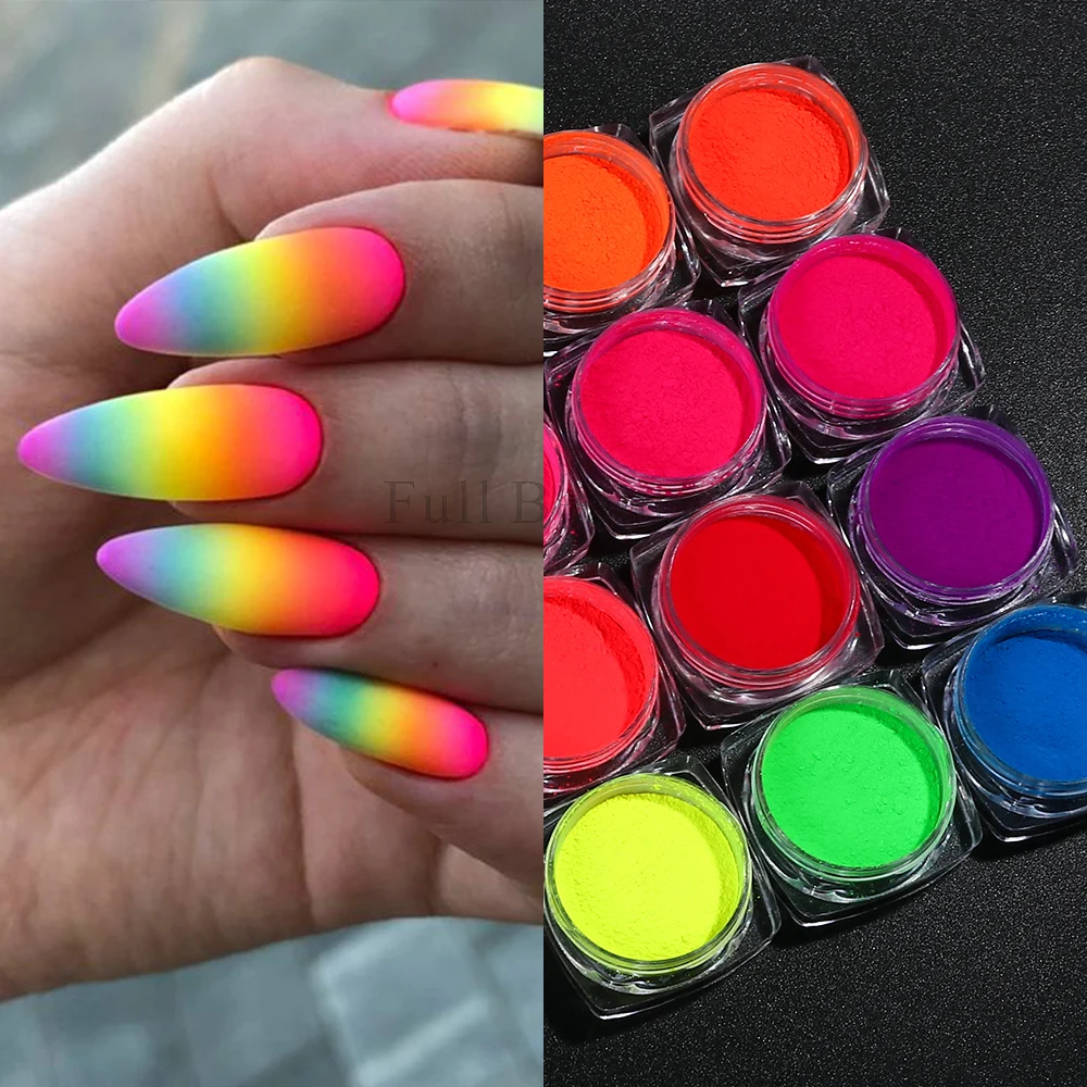 12 sztuk Neon Nail Pigment zestaw flurorecent Glitter letnia dekoracja niebieski różowy Gradient proszek Rub pył Manicure Flakies NTYE01-12