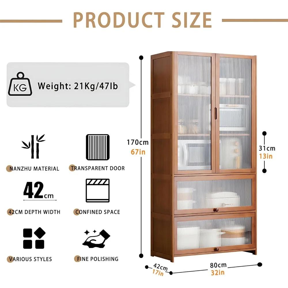 Cozinha Armário De Armazenamento com Acrílico Portas e Prateleiras, Bambu Hutch, Alto Display, Despensa, 67"