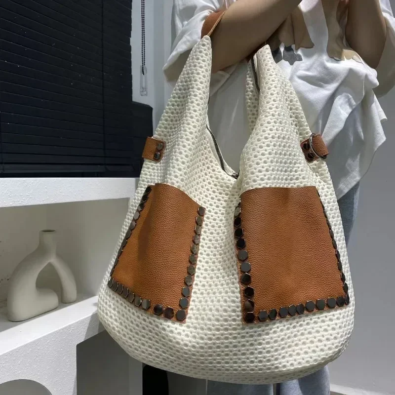 Women's fashionable retro mesh patchwork cowhide tote bag with large capacity single shoulder crossbody carrying bag