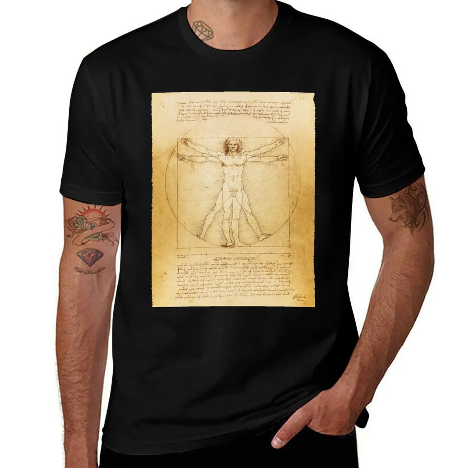 

Leonardo da Vinci Vintage sketch The Vitruvian Man The proportions of the perfect human man body HD HIGH QUALITY ONLINE T-Shirt