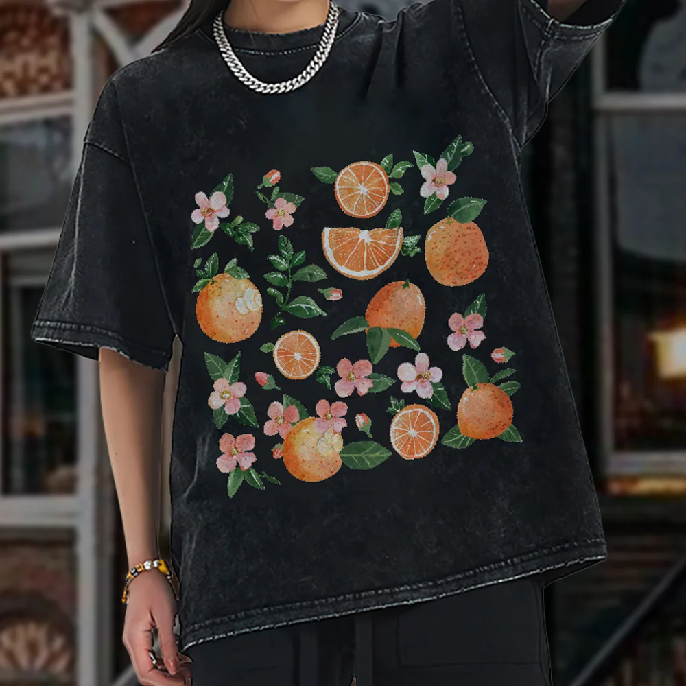 

Round Neck Pullover T-shirt Fruit Print Top Campus Casual Pastoral Style To Do Old Seutral Style Short Sleeve 2024 Summer