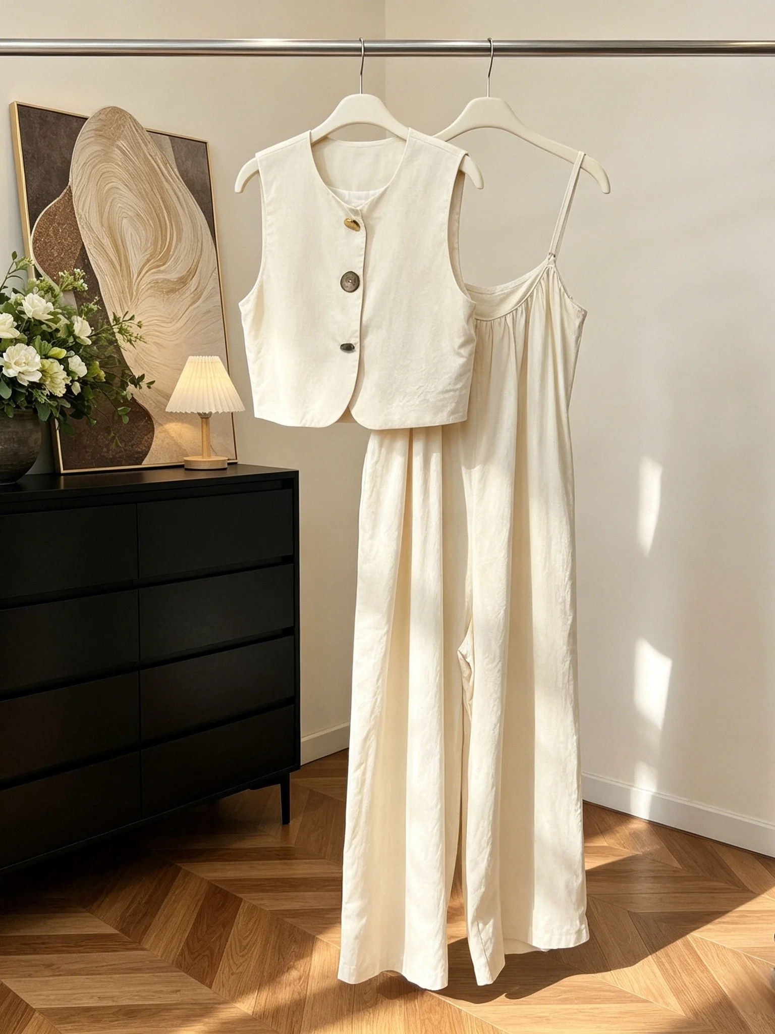 

Le Rouge Loose Cotton Lin Rer Set l Color Wide Fit One-Piece Pantsuit Layering Vest Ensemble Summer Faion Women's ...