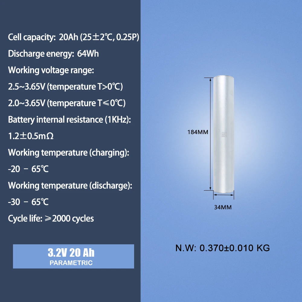 Rechargeable Batteries 34184 3.2V 20Ah Cylindrical LiFePO4 Battery Cell for Electric Bicycle/Scooter Solar Lights E-Bike Battery