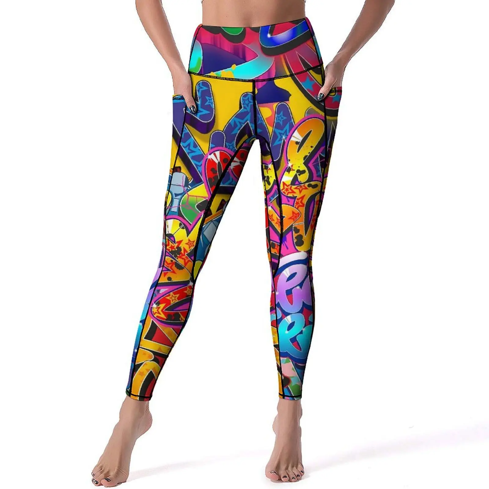 

Graffiti Words Leggings Colorful Print Design Yoga Pants High Waist Workout Gym Yoga Legging Breathable Elastic Sports Tights