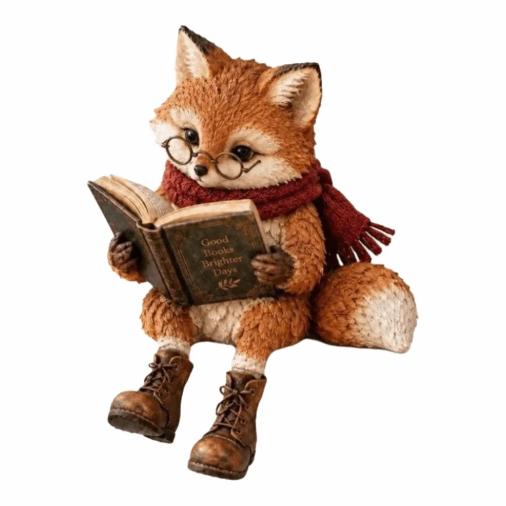 Bookworm Reading Fox Figurine Dangling Legs Cute Animal Resin Fox Statue with Glasses Scarf Desktop Decor Fox Shelf Sitter