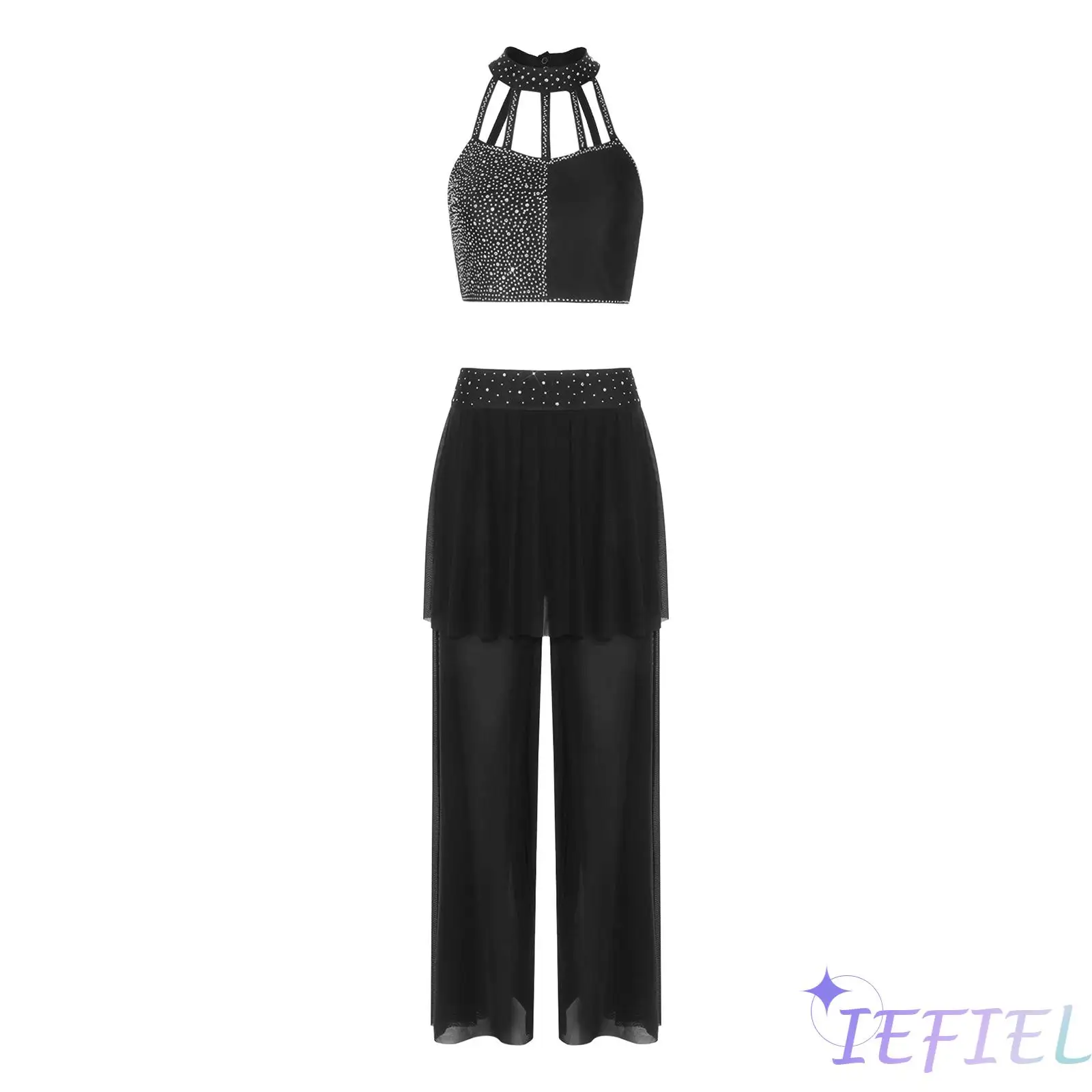 Women Lyrical Modern Dance Set Rhinestone Strappy Halter Crop Top with Mesh Wide Leg Pants Skirted Hem Built In Briefs Dancewear