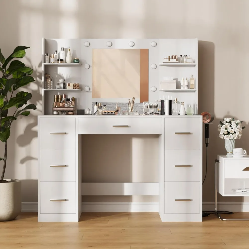 Vanity Makeup Desk with Mirror, LED Lights and Power Outlet, 7 Drawers and 6 Storage Shelves. Dressers for Bedroom Dressing Room