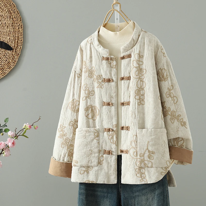 New Chinese Sle Thin Cotton Jaet Women's Autumn Winter Printed Clothes National Sle Button up Coat Long Sve Stand Co...