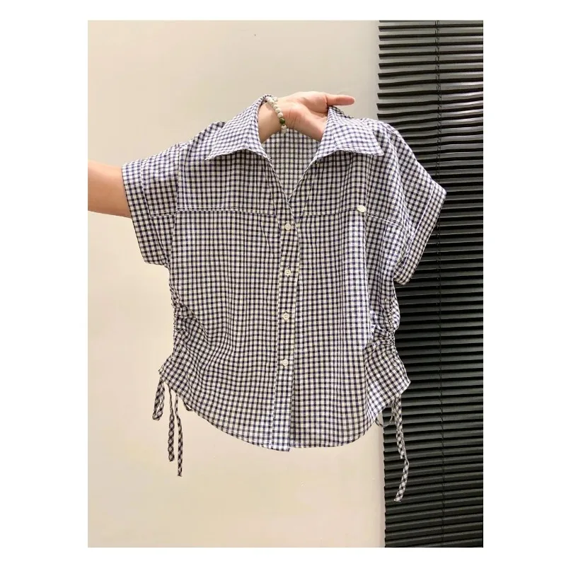 Women's Black And White Gingham Plaid Shirt Short Sleeve Button Down With Side Drawstring Casual Crop Top