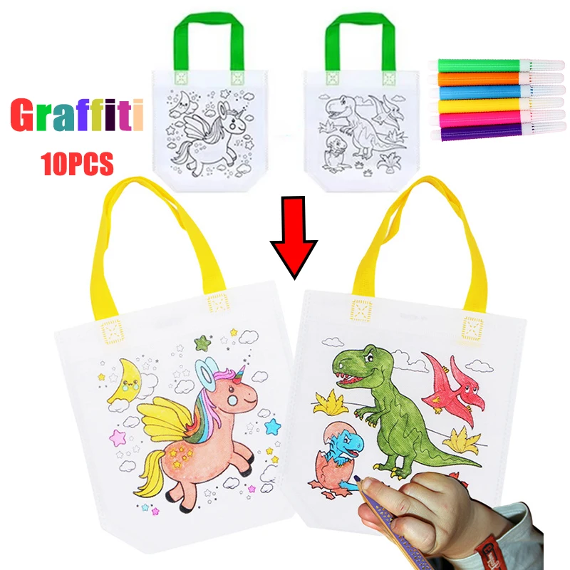 1-10pcs Sets DIY Graffiti Bag with Markers Handmade Painting Non-Woven Bag for Children Arts Crafts Color Filling Drawing Toys