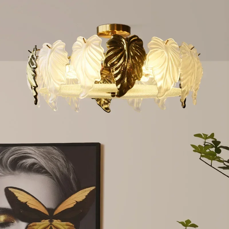 

French Vintage Luxury Glass Leaves LED Ceiling Chandelier Lamp ForLiving Dining Room Bedroom Home Decoration Light Fixture