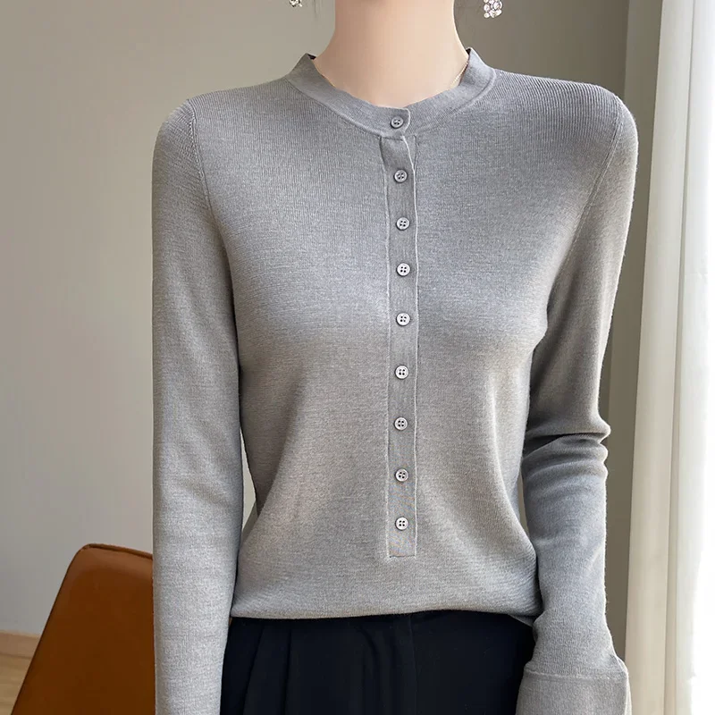 Women Thin Sweater Button Half Open Collar Pullover Winter Knitted Long Sleeve Slim Round Neck Tops 2024 Ladies Casual Soft Warm