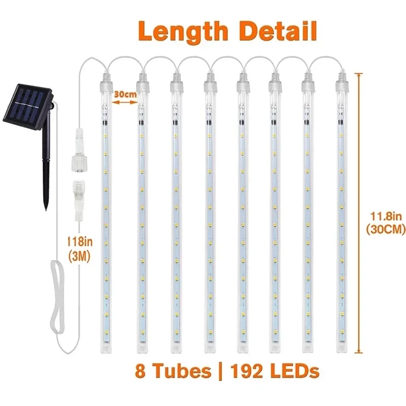 Luces solares de Navidad para exteriores, tira de luces Led colgante para jardín, árbol, fiesta de vacaciones, lámpara de decodificación, 8 tubos, 192