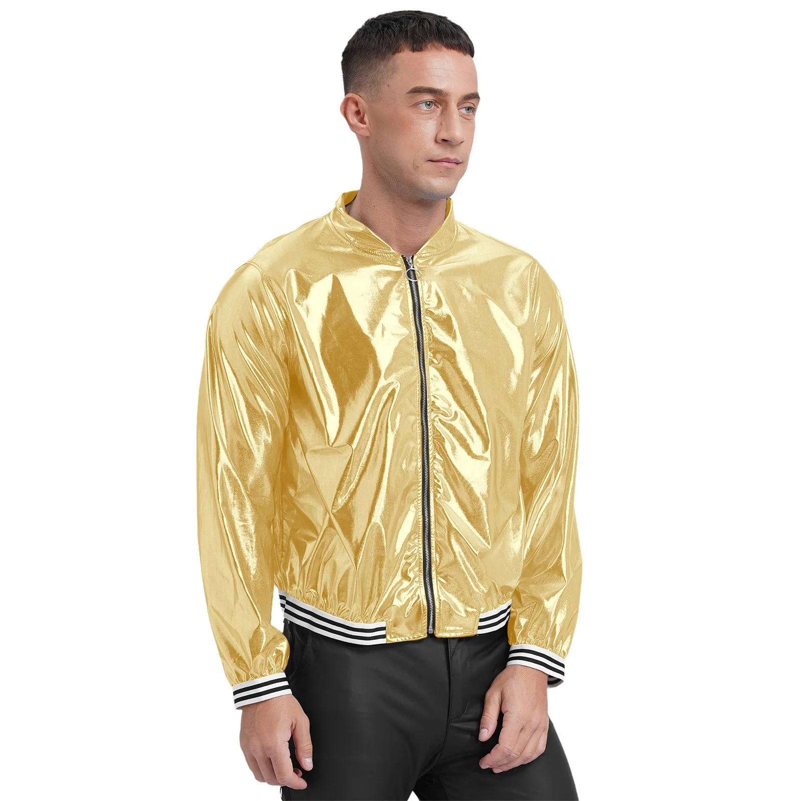 Cool Men Shiny Baseball Bomber Jacket Long Sleeve Striped Band Outerwear Disco Dance Jacket Coat Clubwear Stylish Street Look