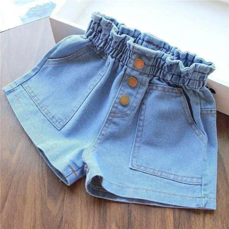 

Summer Girls Denim Shorts Fashion Elastic Waist Kids Solid Pants Child Clothing Korea Style Baby Girl Casual Cotton Hot Pants