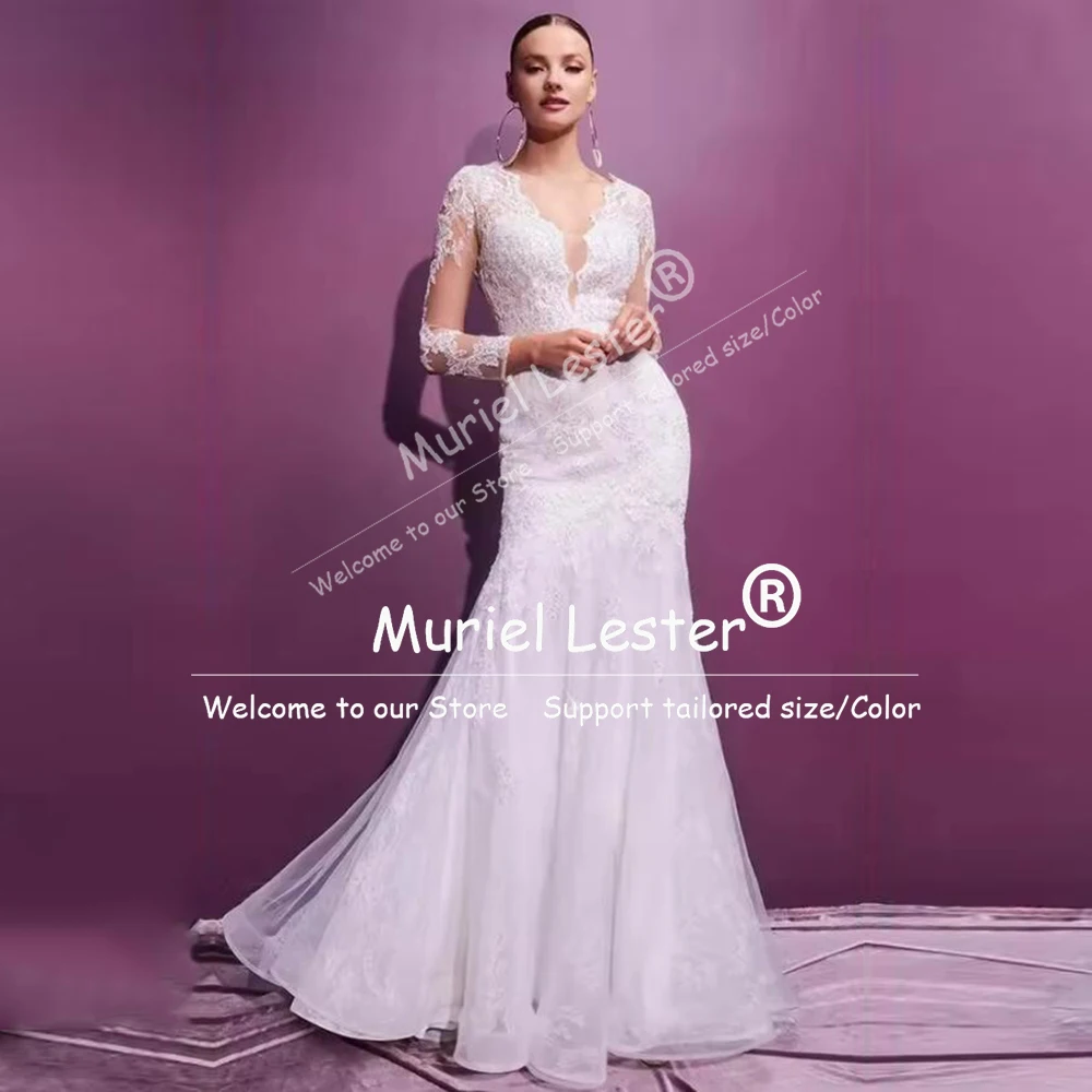 럭셔리 레이스 아플리케 백리스 웨딩 드레스, 신부를 위한 일루젼 롱 슬리브 머메이드 브라이덜 가운, 맞춤형 여성 파티 의상