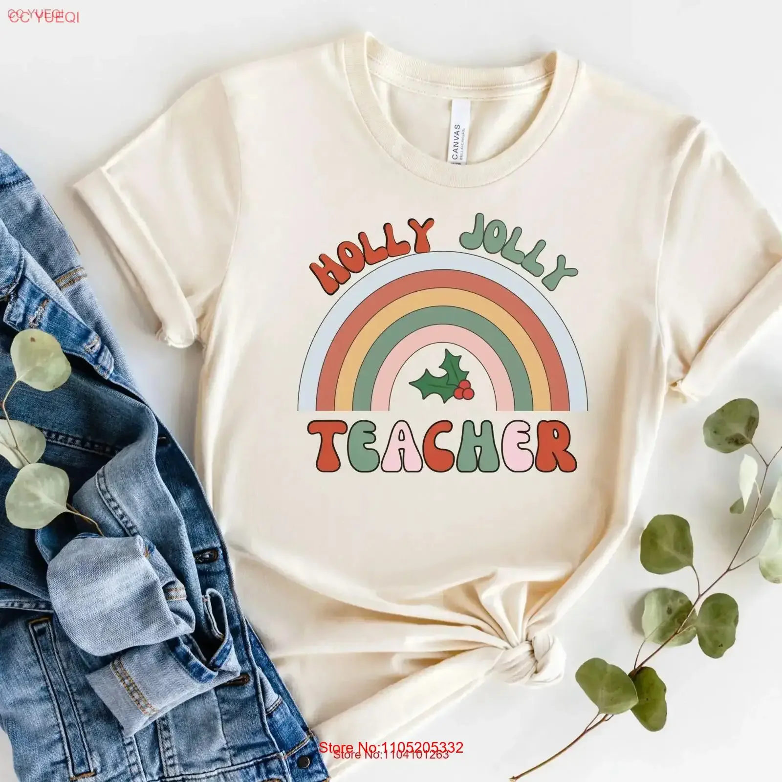 Holly Jolly Teacher T Shirt Retro Christmas Class Party Break Clothing Xmas Vintage 70s Rainbow vintage Washed Versatile